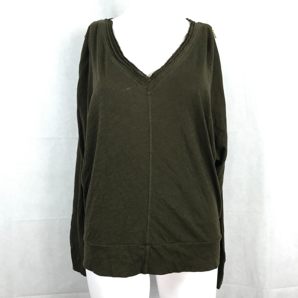 Rachel Roy‎ Top Womens Sz S Olive Green V Neck Zip Lightweight Cotton